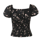 Women's French Retro V Neck Ruffled Puff Sleeve Top Women Floral Vacation Short Sleeve Shirt