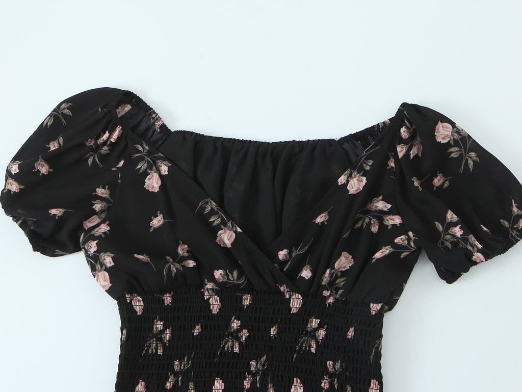 Women's French Retro V Neck Ruffled Puff Sleeve Top Women Floral Vacation Short Sleeve Shirt
