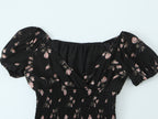 Women's French Retro V Neck Ruffled Puff Sleeve Top Women Floral Vacation Short Sleeve Shirt