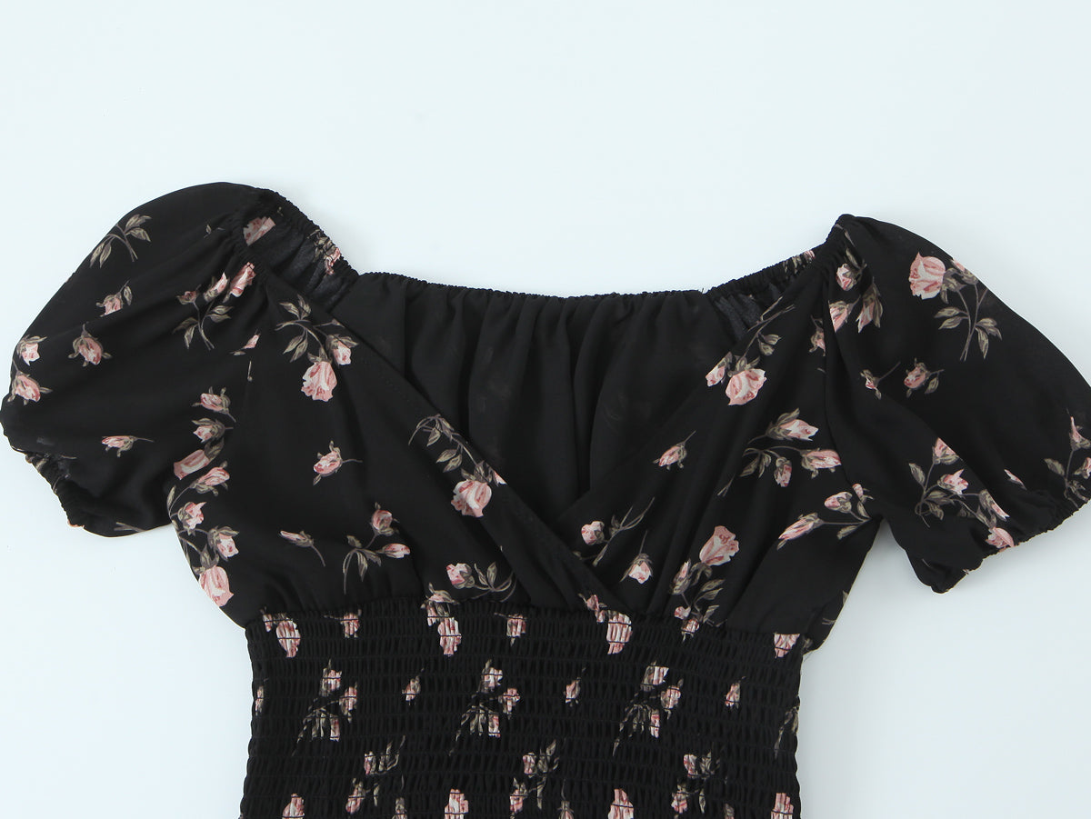 Women's French Retro V Neck Ruffled Puff Sleeve Top Women Floral Vacation Short Sleeve Shirt