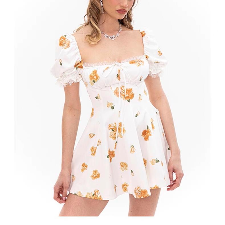 Women's Floral Lace Puff-Sleeve A-Line Mini Dress