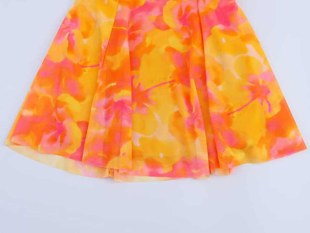 Printed Mesh V-Neck Mini Dress