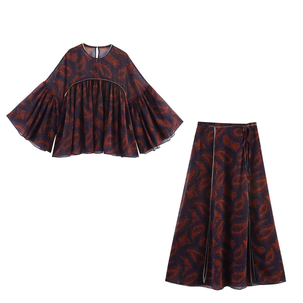 Women's Spring Simple Printed Top and Skirt Two-Piece Set