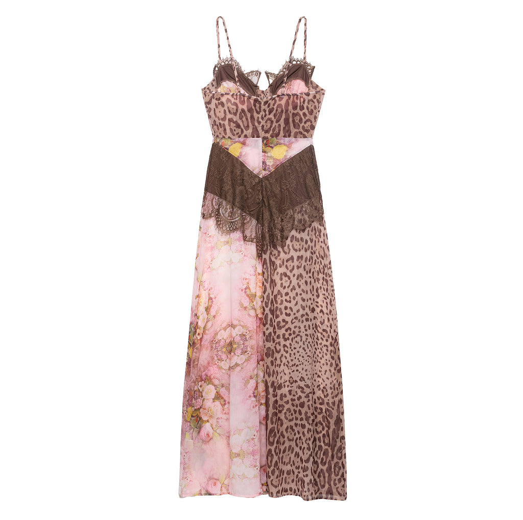 Women's Color Contrast Printed Lace Slim Fit Patchwork Dress