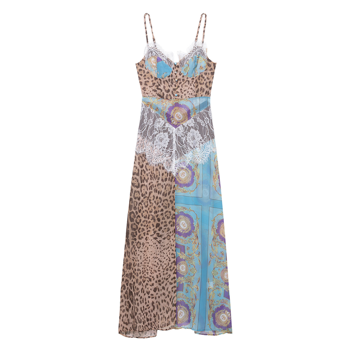 Women's Color Contrast Printed Lace Slim Fit Patchwork Dress