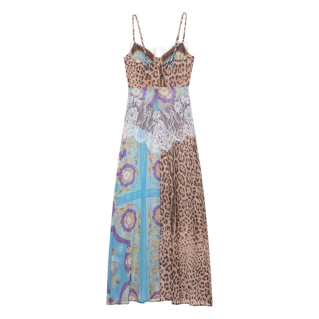 Women's Color Contrast Printed Lace Slim Fit Patchwork Dress