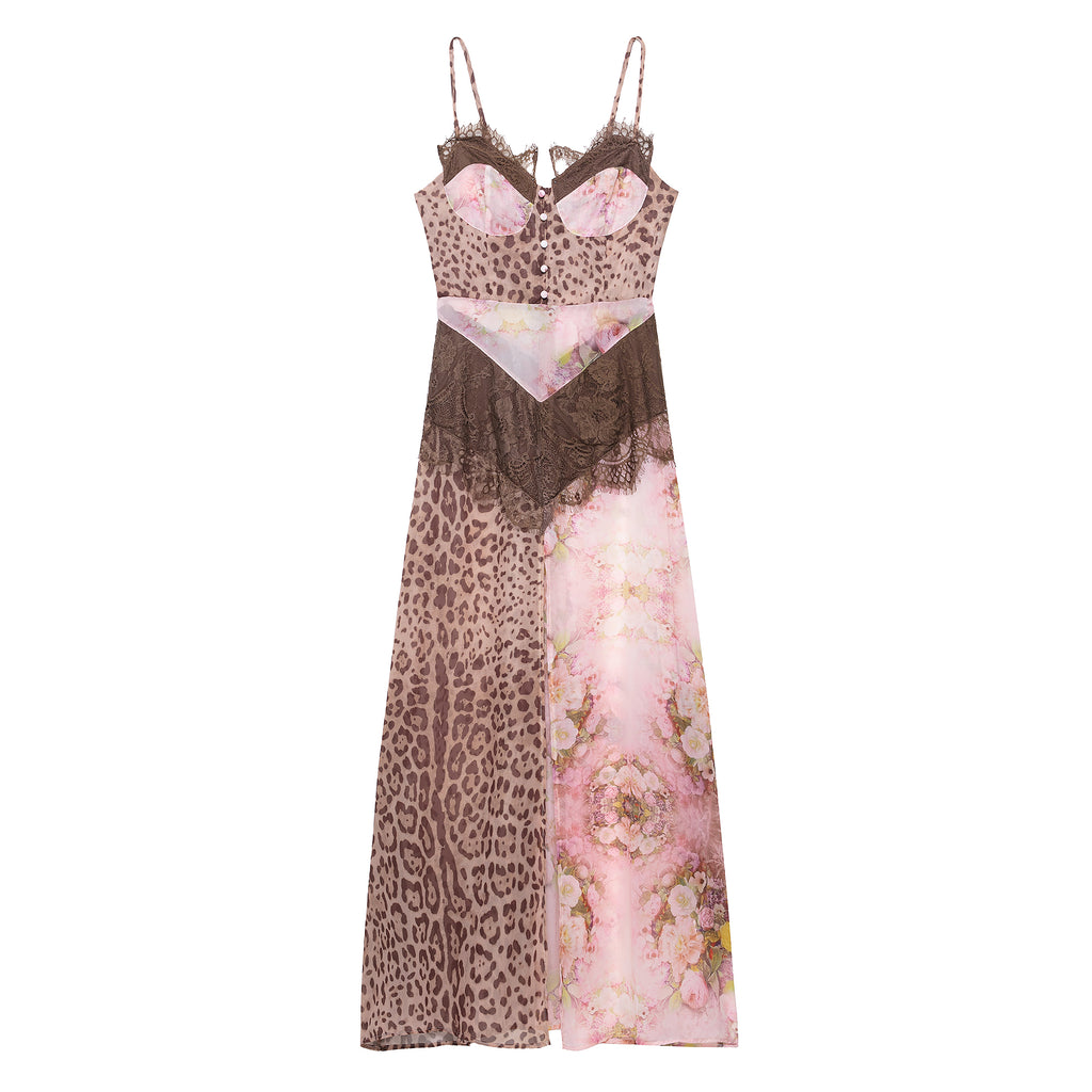 Women's Color Contrast Printed Lace Slim Fit Patchwork Dress