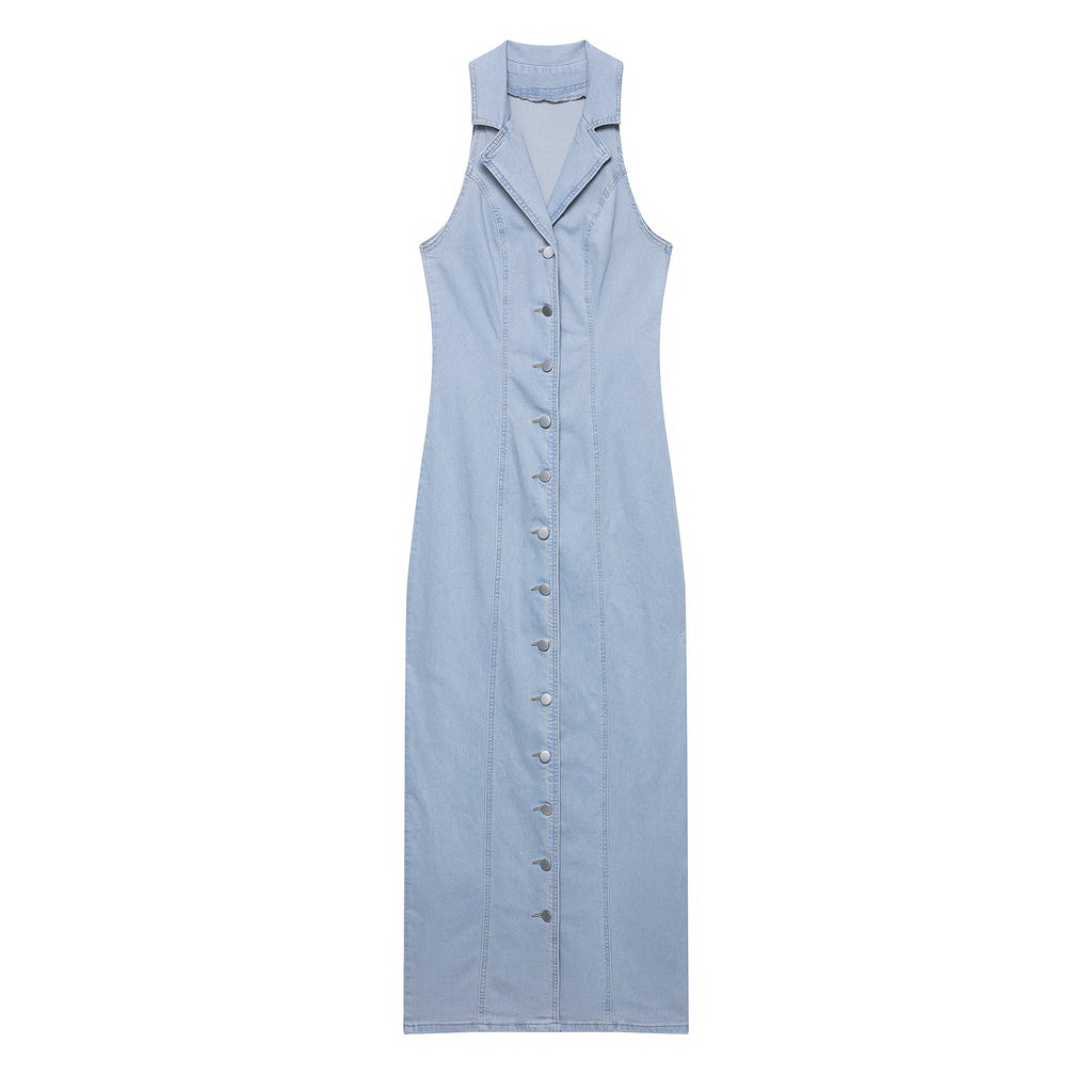 Light Blue Button Denim A-Line Maxi Dress