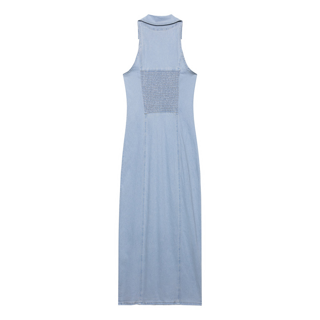 Light Blue Button Denim A-Line Maxi Dress
