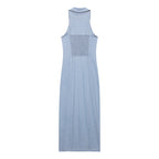 Light Blue Button Denim A-Line Maxi Dress