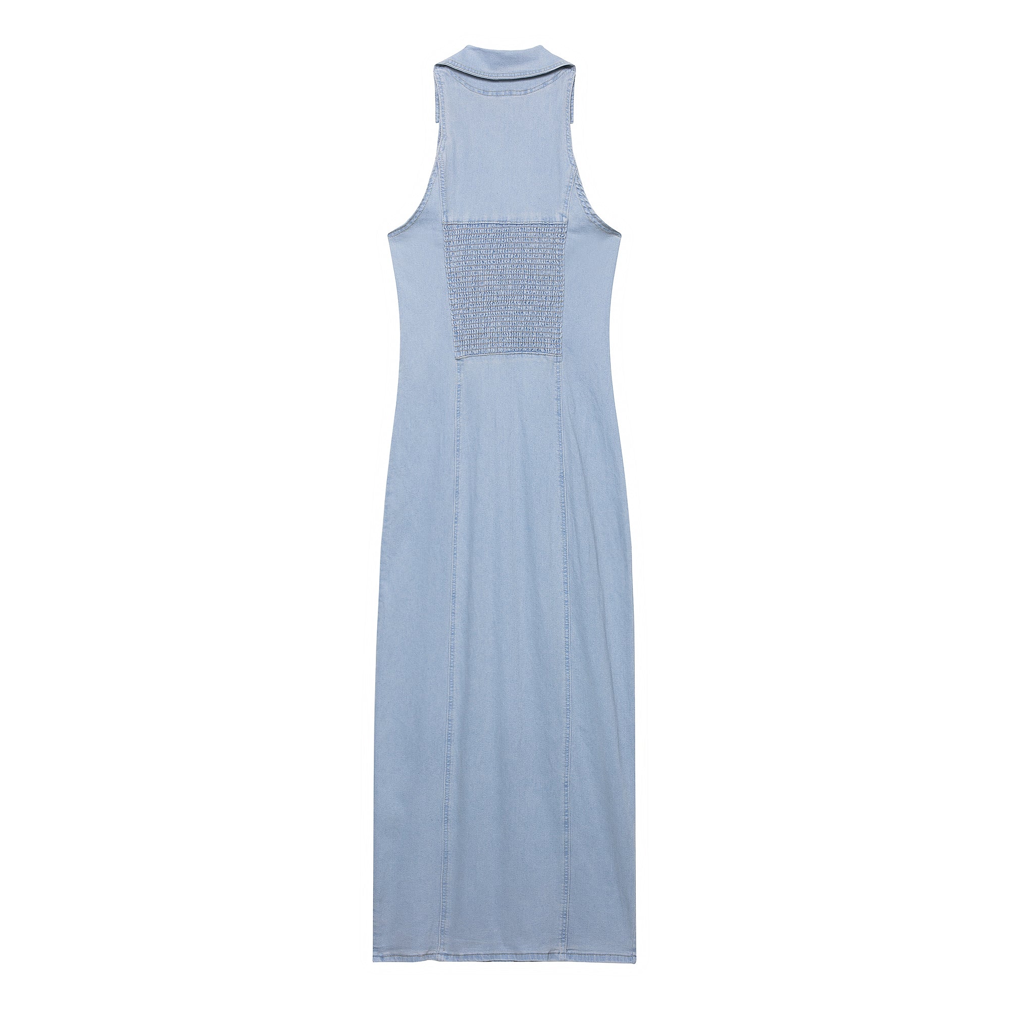 Light Blue Button Denim A-Line Maxi Dress