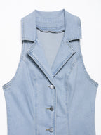 Light Blue Button Denim A-Line Maxi Dress