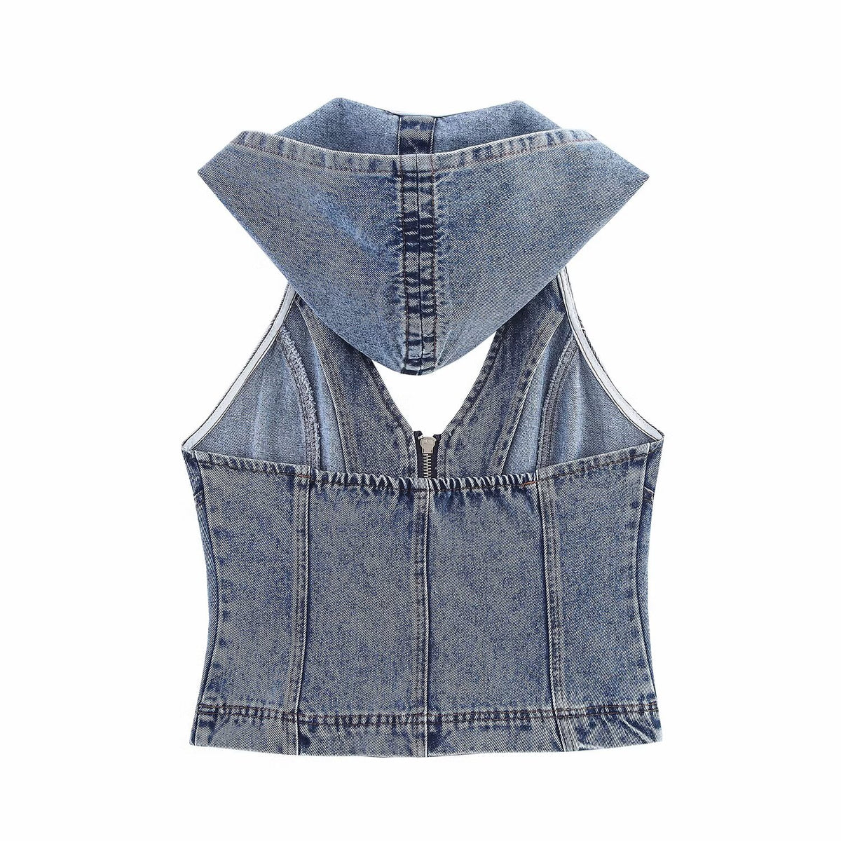 Women's Women's's Hollowed Out Backless Hooded Denim Shirt Slim Fit Zipper