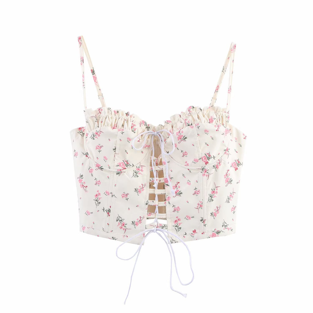 Floral Lace-Up Sweetheart Cami Top