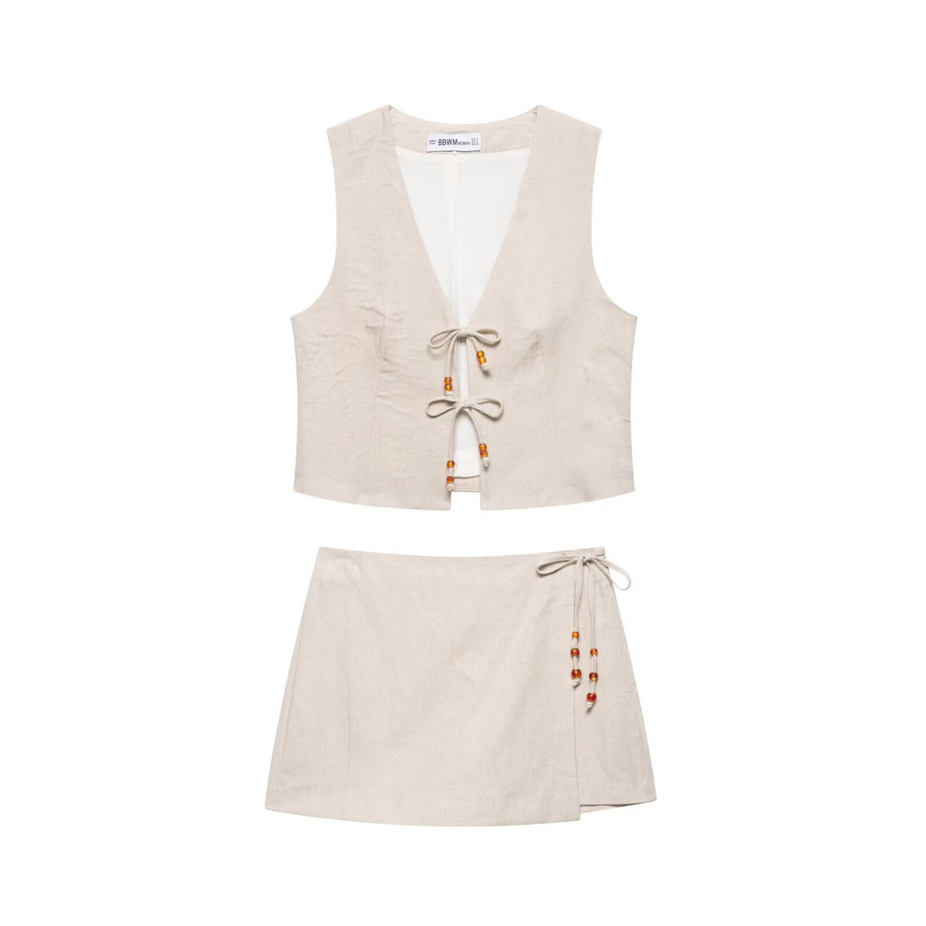 Women's Summer Casual Sleeveless Beaded Top and Shorts Two-Piece Set