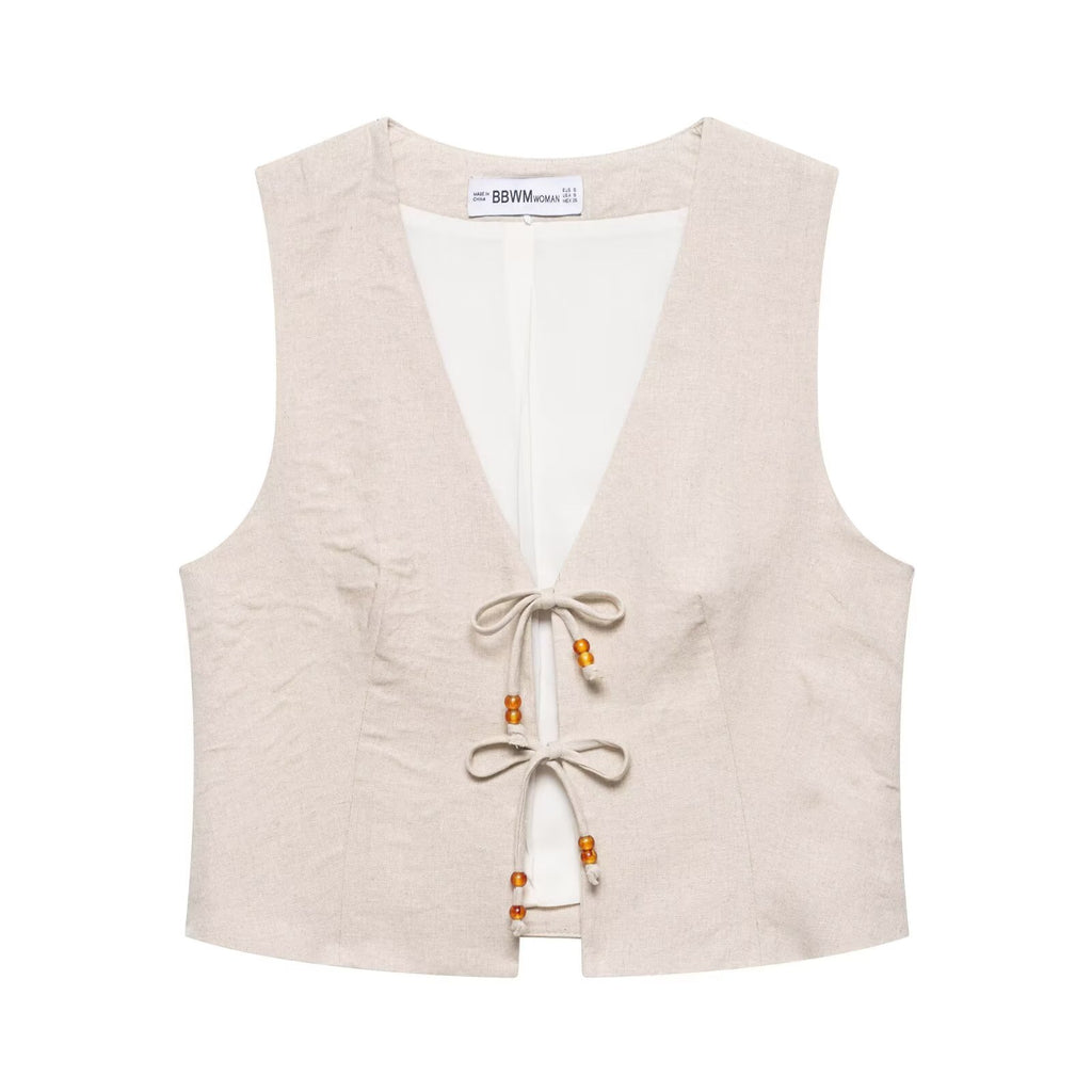 Women's Summer Casual Sleeveless Beaded Top and Shorts Two-Piece Set