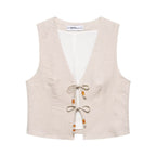 Women's Summer Casual Sleeveless Beaded Top and Shorts Two-Piece Set
