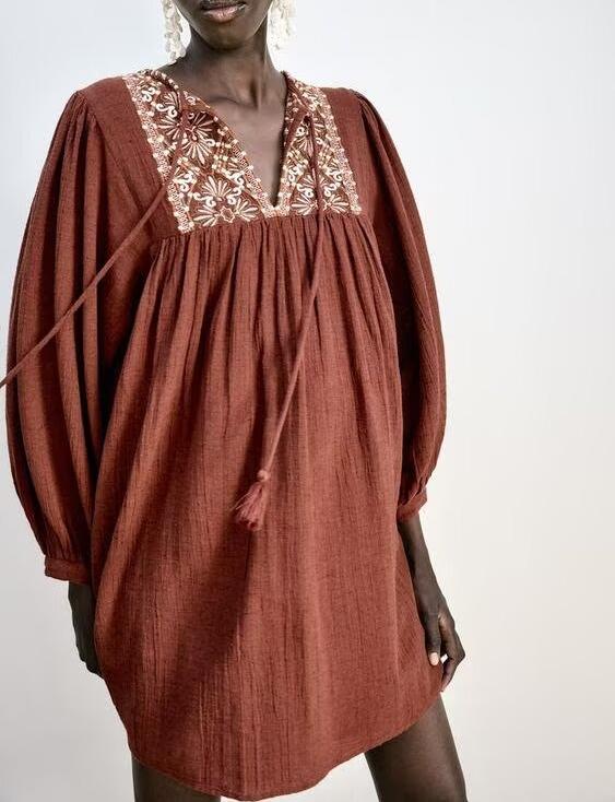 Women's Crew Neck Long Sleeve Artistic Short Dress