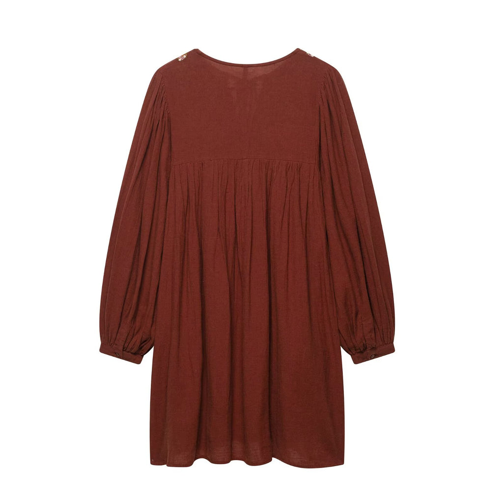 Women's Crew Neck Long Sleeve Artistic Short Dress