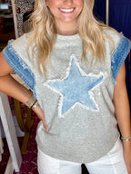 Women's Spring Summer Women Cotton Denim Patch Washed Round Neck Loose T Shirt