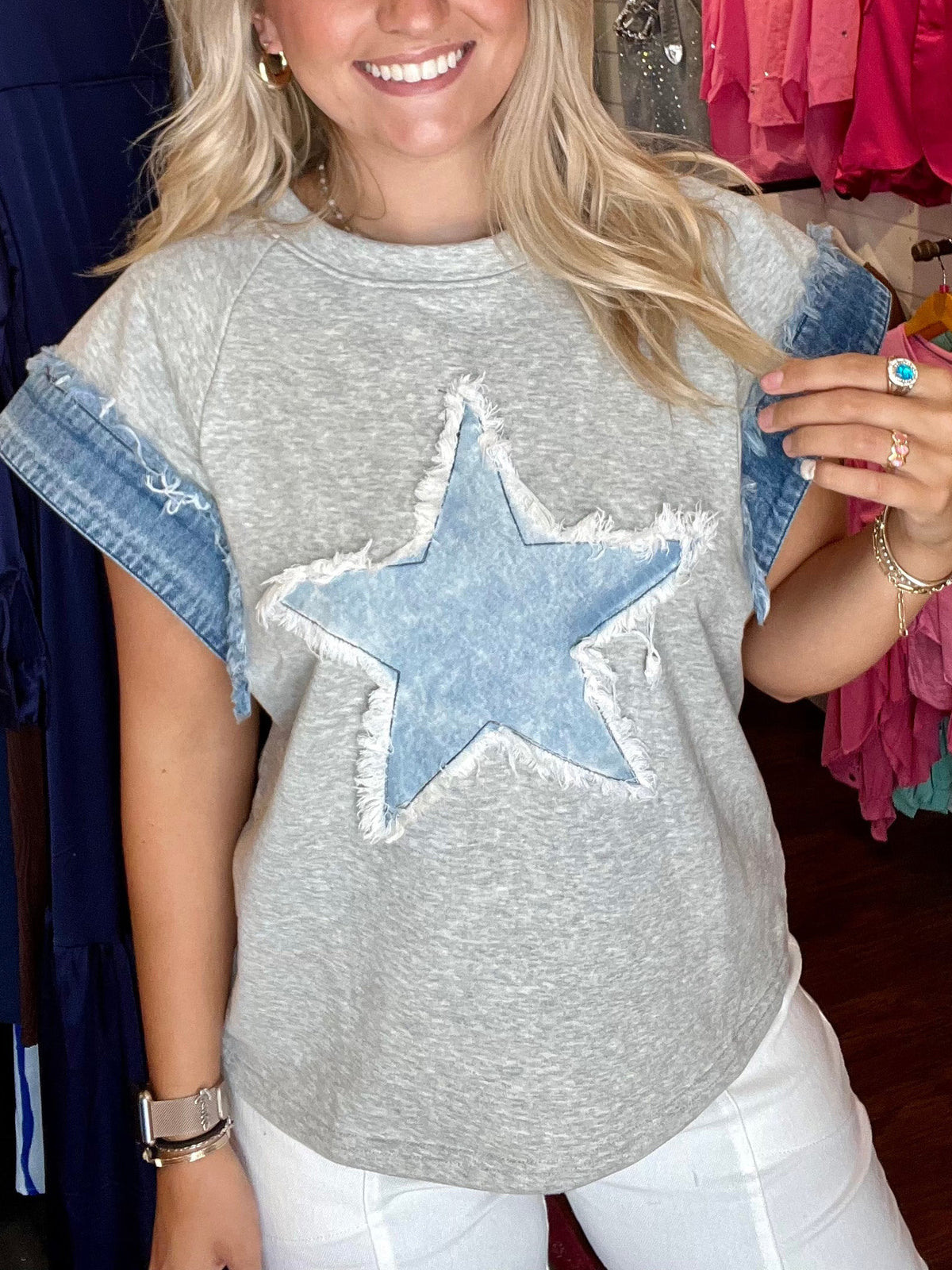 Women's Spring Summer Women Cotton Denim Patch Washed Round Neck Loose T Shirt
