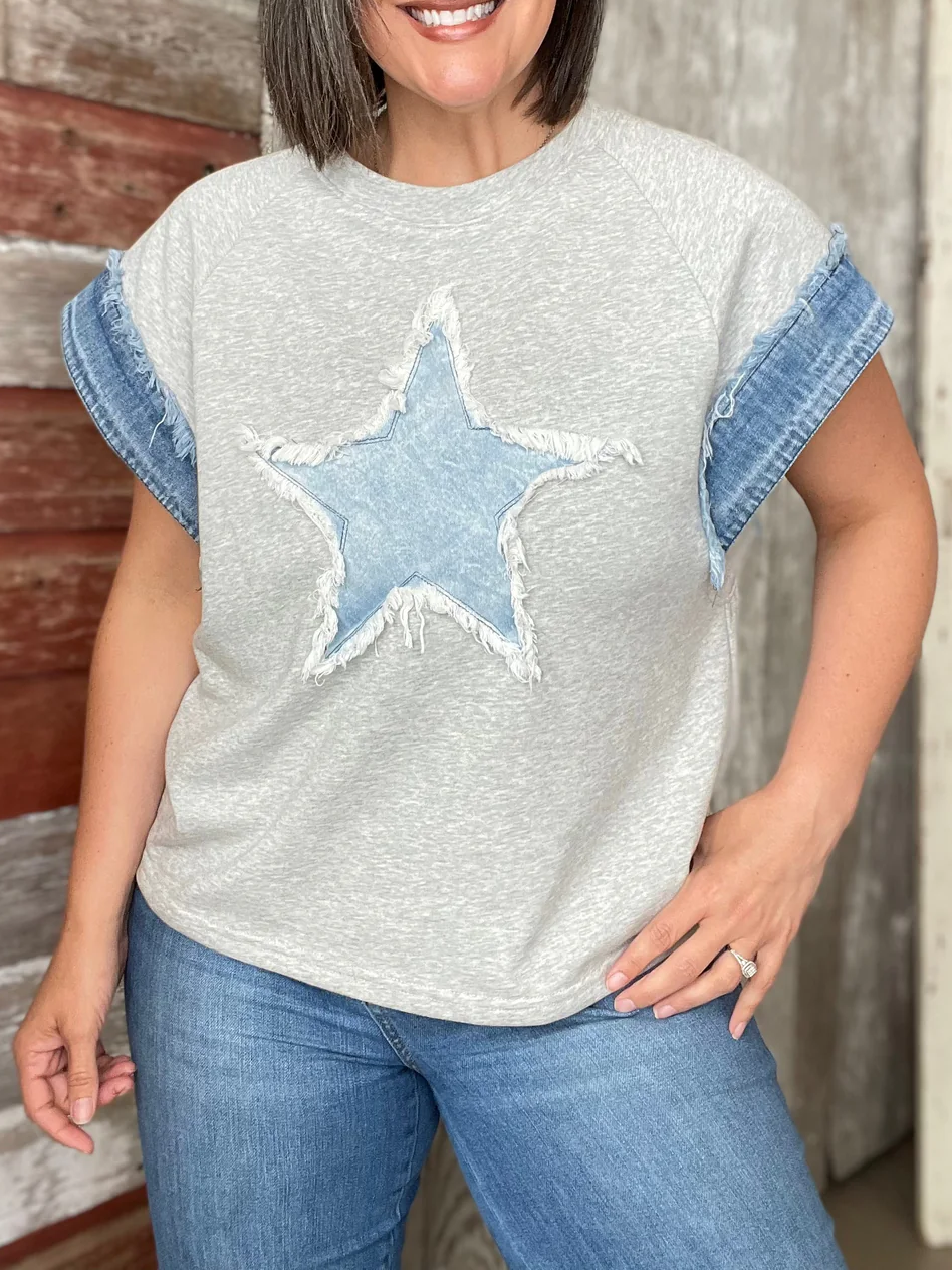 Women's Spring Summer Women Cotton Denim Patch Washed Round Neck Loose T Shirt