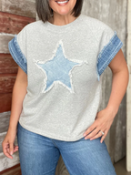 Women's Spring Summer Women Cotton Denim Patch Washed Round Neck Loose T Shirt