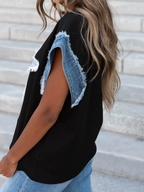 Women's Spring Summer Women Cotton Denim Patch Washed Round Neck Loose T Shirt