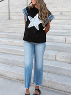 Women's Spring Summer Women Cotton Denim Patch Washed Round Neck Loose T Shirt