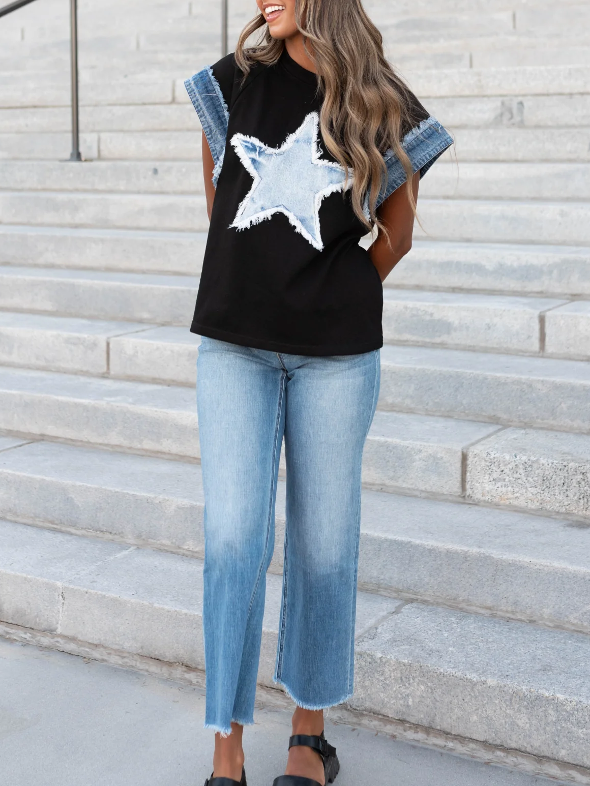 Women's Spring Summer Women Cotton Denim Patch Washed Round Neck Loose T Shirt