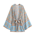 Women Clothing Summer Rayon Printed Waist Belt Casual Loose Beach Kimono Jacket