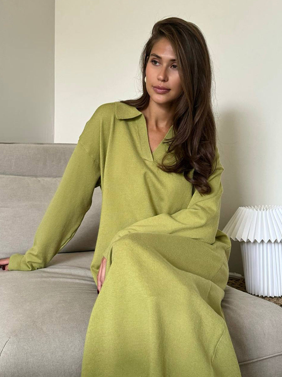 Winter Scissors Collar Soft Woolen Long Elegant Loose Maxi Dress