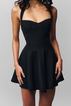 Women's Summer Hepburn Gold Elegant Little Black Dress Women Waist Trimming Lace Up Sexy Halter Dress