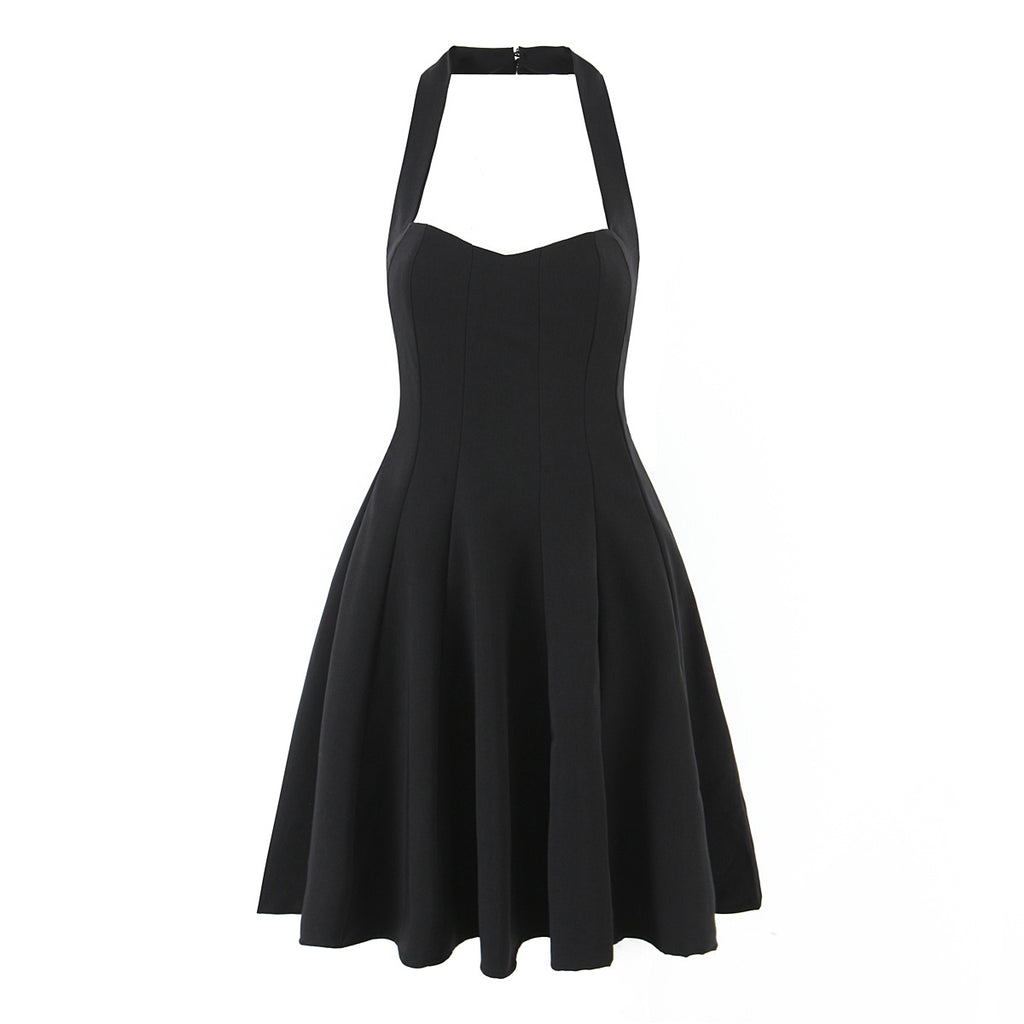 Women's Summer Hepburn Gold Elegant Little Black Dress Women Waist Trimming Lace Up Sexy Halter Dress