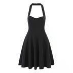 Women's Summer Hepburn Gold Elegant Little Black Dress Women Waist Trimming Lace Up Sexy Halter Dress