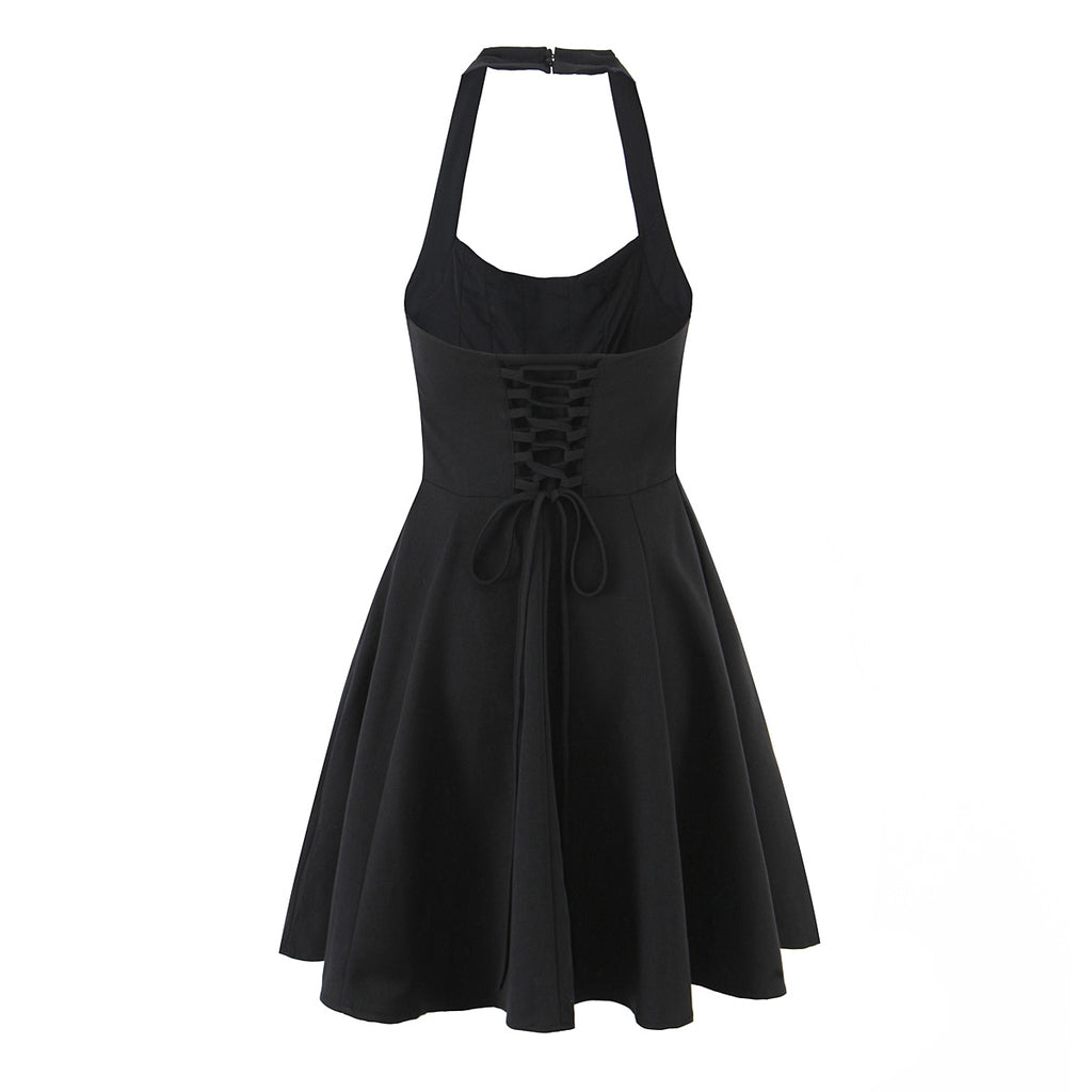 Women's Summer Hepburn Gold Elegant Little Black Dress Women Waist Trimming Lace Up Sexy Halter Dress