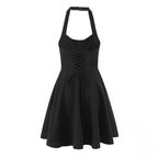 Women's Summer Hepburn Gold Elegant Little Black Dress Women Waist Trimming Lace Up Sexy Halter Dress