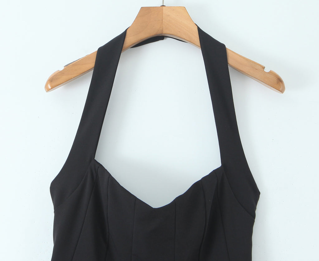 Women's Summer Hepburn Gold Elegant Little Black Dress Women Waist Trimming Lace Up Sexy Halter Dress