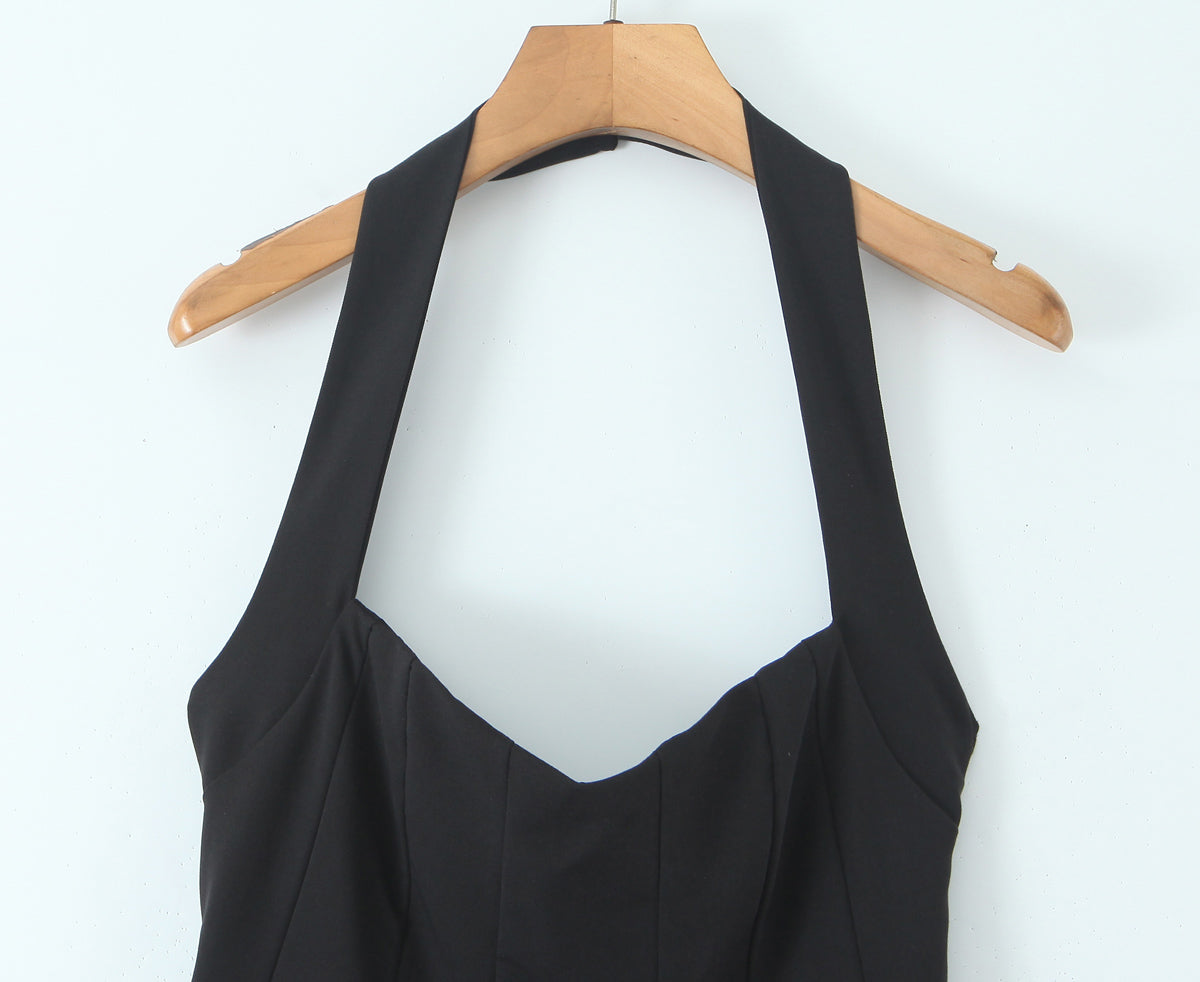 Women's Summer Hepburn Gold Elegant Little Black Dress Women Waist Trimming Lace Up Sexy Halter Dress