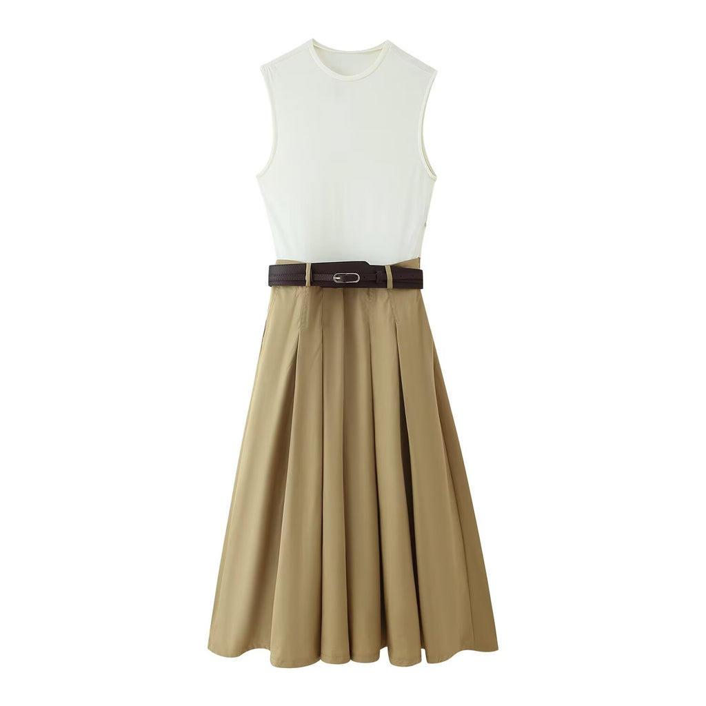 Women's Matching Belt Patchwork round Neck Sleeveless Dress