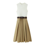 Women's Matching Belt Patchwork round Neck Sleeveless Dress