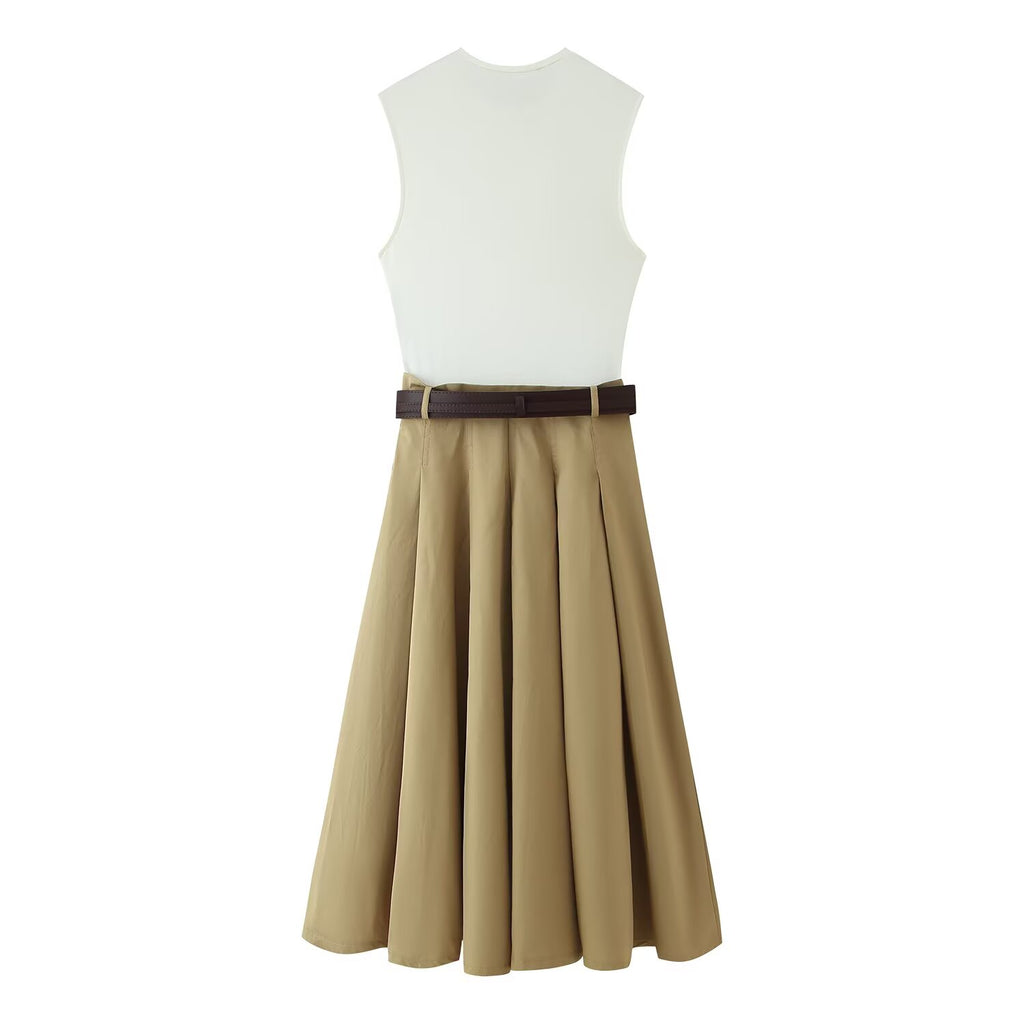 Women's Matching Belt Patchwork round Neck Sleeveless Dress