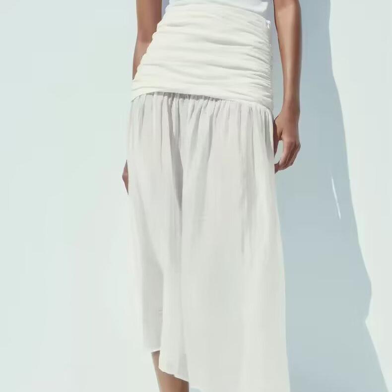 Women's Pleated Decorative Stitching Mid Waist Midi Skirt