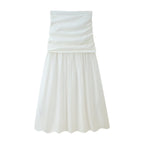Women's Pleated Decorative Stitching Mid Waist Midi Skirt