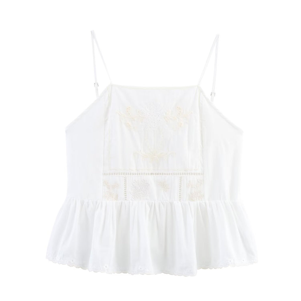 Simple Embroidery Short Pleated Hem Sling Top