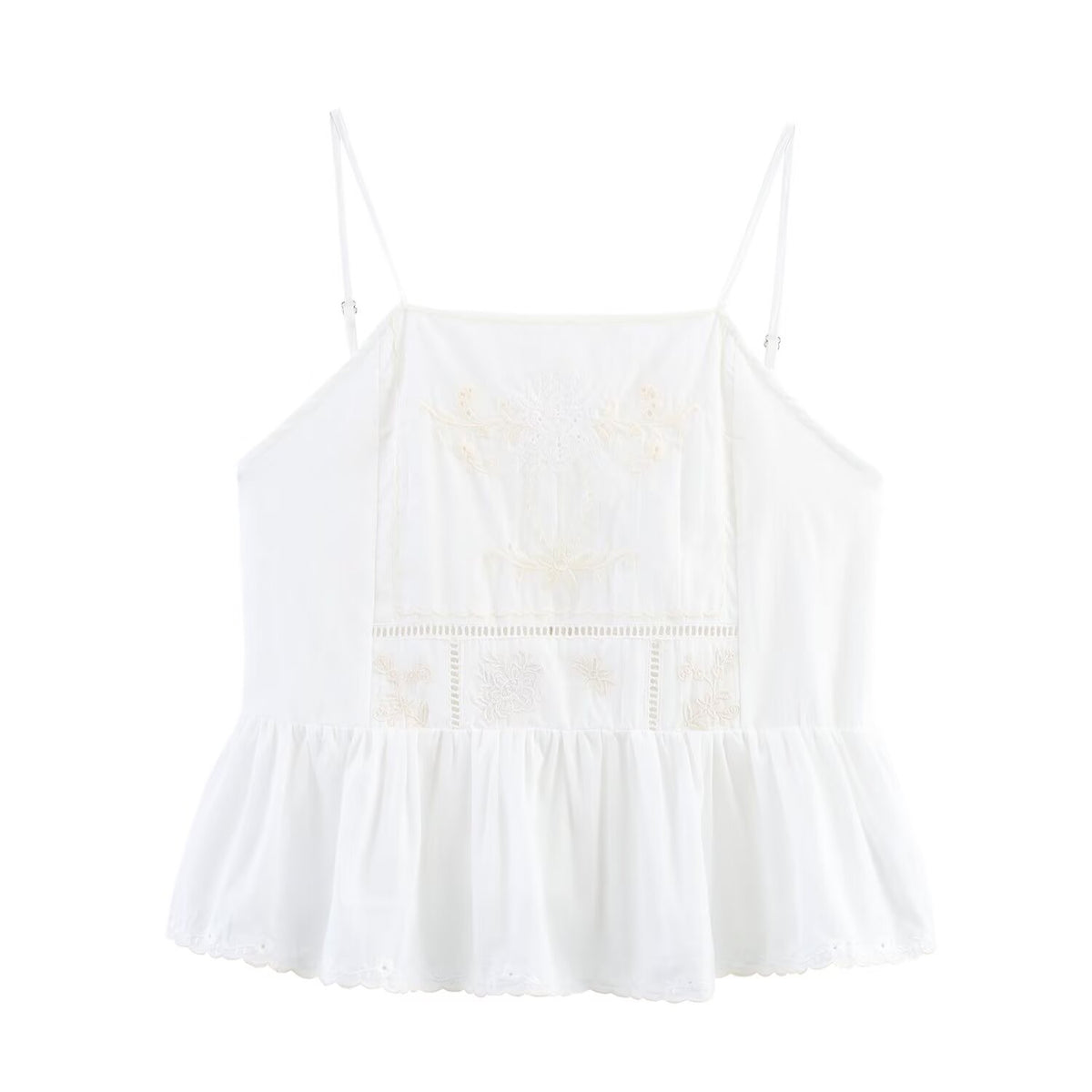 Simple Embroidery Short Pleated Hem Sling Top