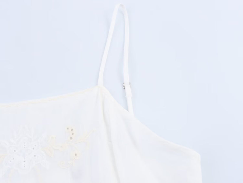 Simple Embroidery Short Pleated Hem Sling Top