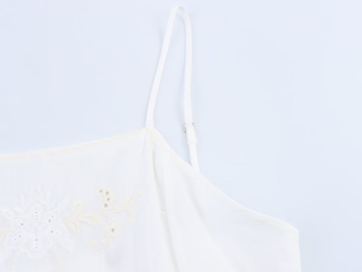 Simple Embroidery Short Pleated Hem Sling Top