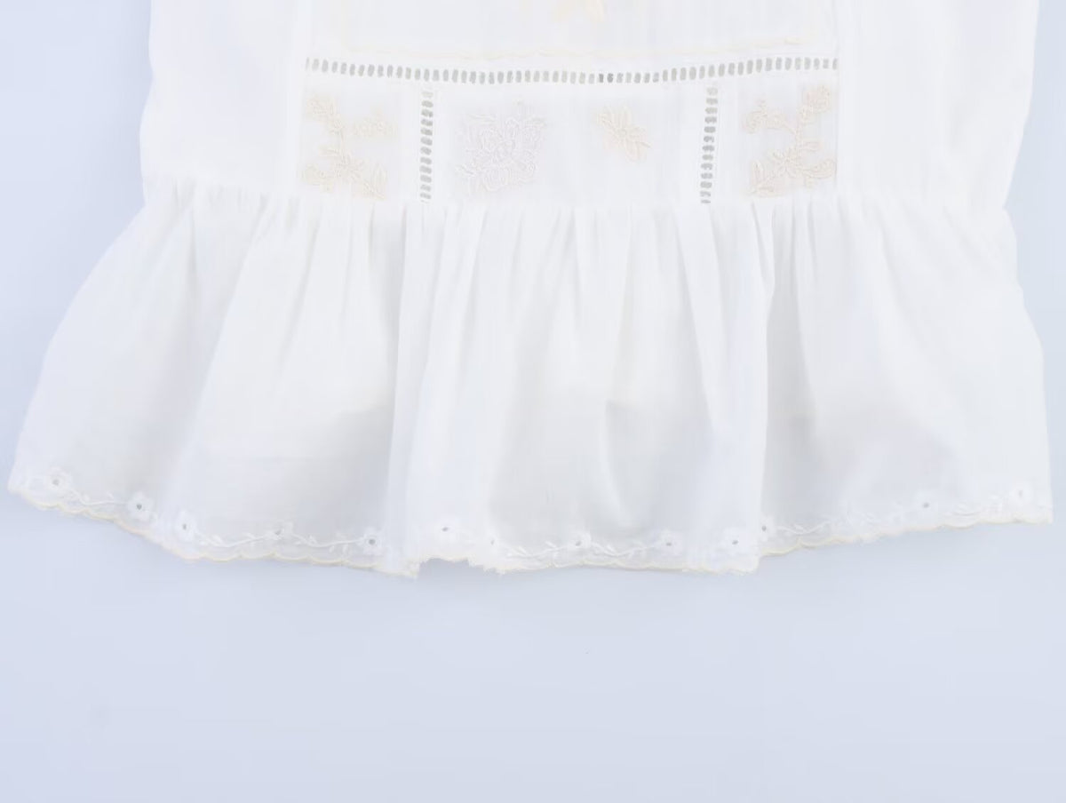 Simple Embroidery Short Pleated Hem Sling Top