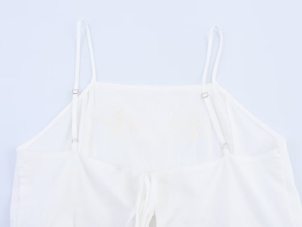 Simple Embroidery Short Pleated Hem Sling Top